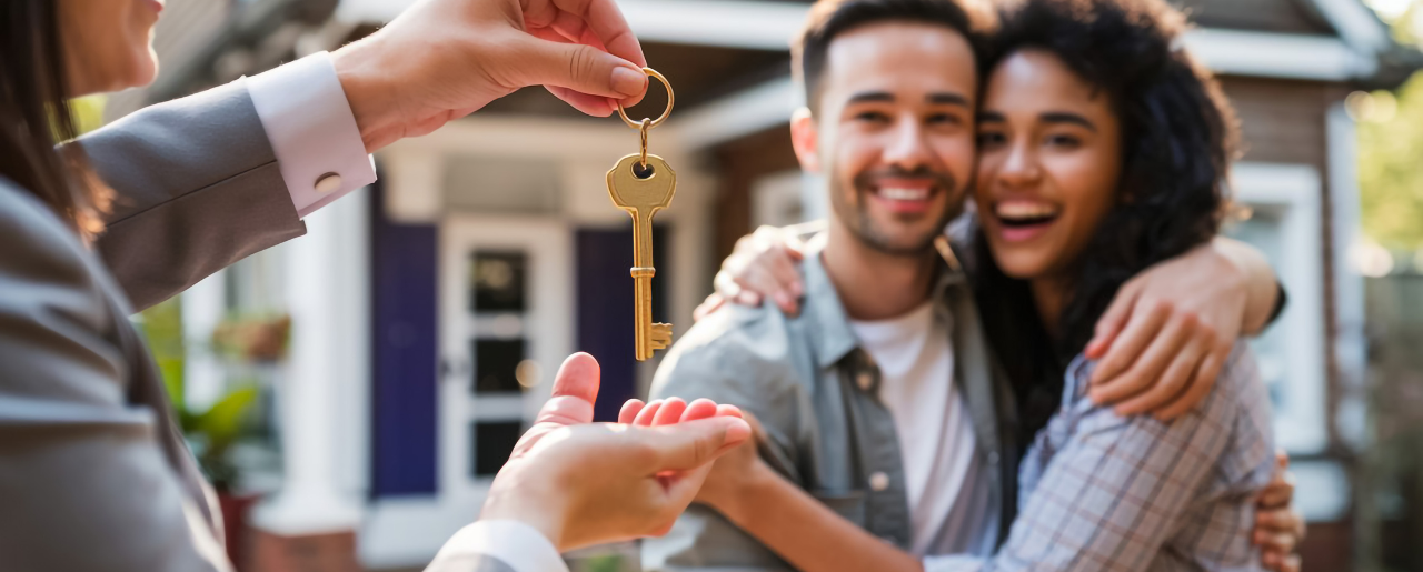 Mortgage broker handing over the key of a new house to a couple.
